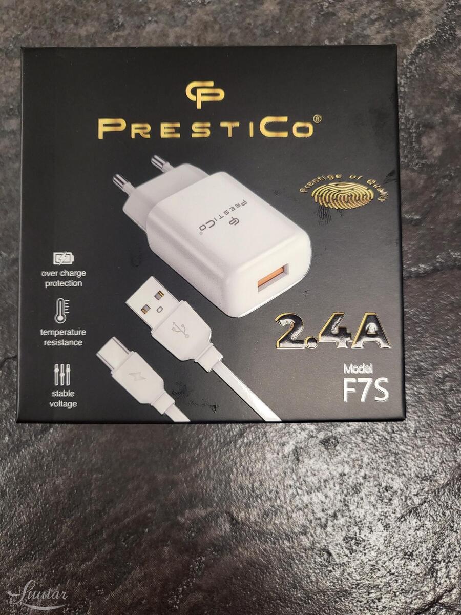 Laadija PRESTICO F7S 1xUSB + Juhe USB Type-C 2.4A Valge