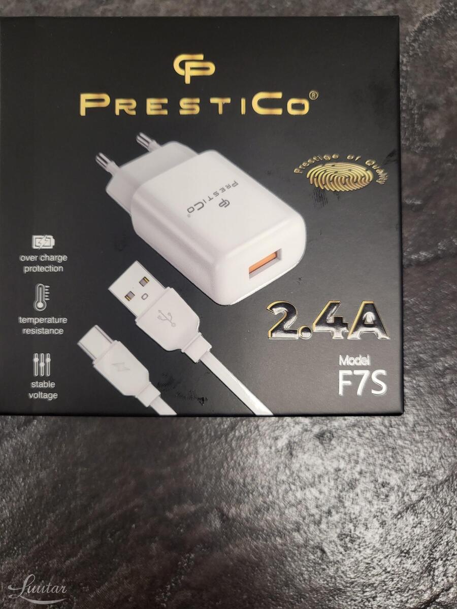 Laadija PRESTICO F7S 1xUSB + Juhe USB Type-C 2.4A Valge