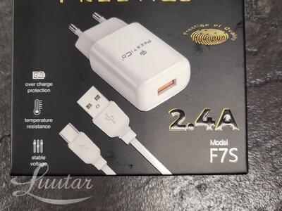 Laadija PRESTICO F7S 1xUSB + Juhe USB Type-C 2.4A Valge