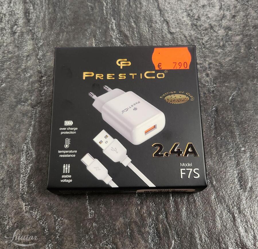 Laadija PRESTICO F7S 1xUSB + Juhe USB Type-C 2.4A Valge