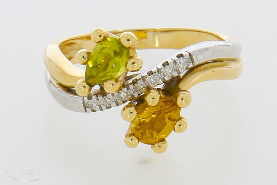 Kuldsõrmus 585* Peridot + tsitriin 0,76ct + briljandid 0,05ct UUS!